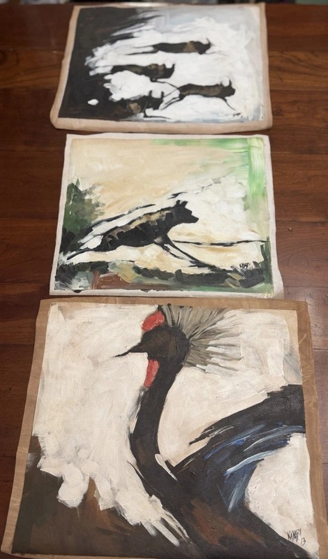 Salum Kambi Signed Original Triptych Art Paintings Set of 3 African Wildlife