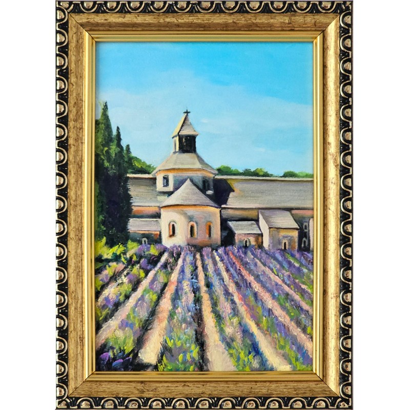Original Oil Painting Lavender Field Church Provence Landscape 4×6 Framed