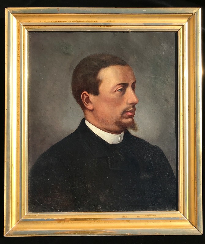 19th Century Portrait of Priest Oil on Canvas Painting unidentified signature