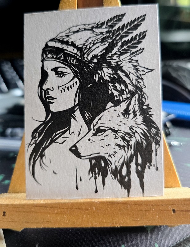 Original ACEO Native American Woman feathered Wolf Ink Pop Art Drawing Chief