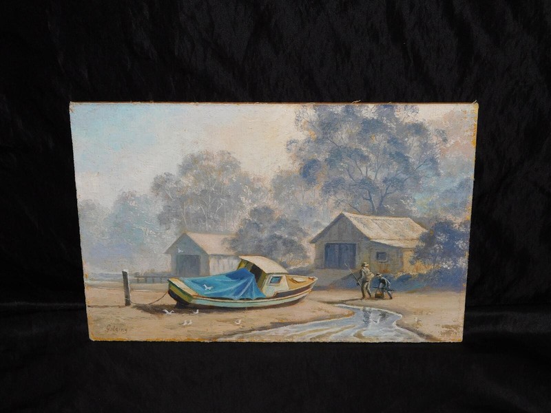 Golding Father Son Fishing Boat Stream Painting Original Art on Board Signed