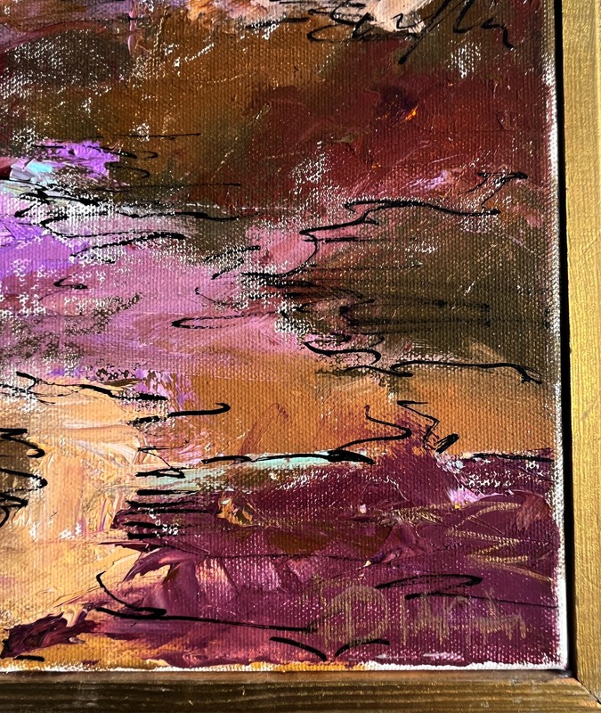 ABSTRACT MODERNIST LANDSCAPE PAINTING W/ GOLD LEAF SIGNED DIANA MULDER? 24" gallery