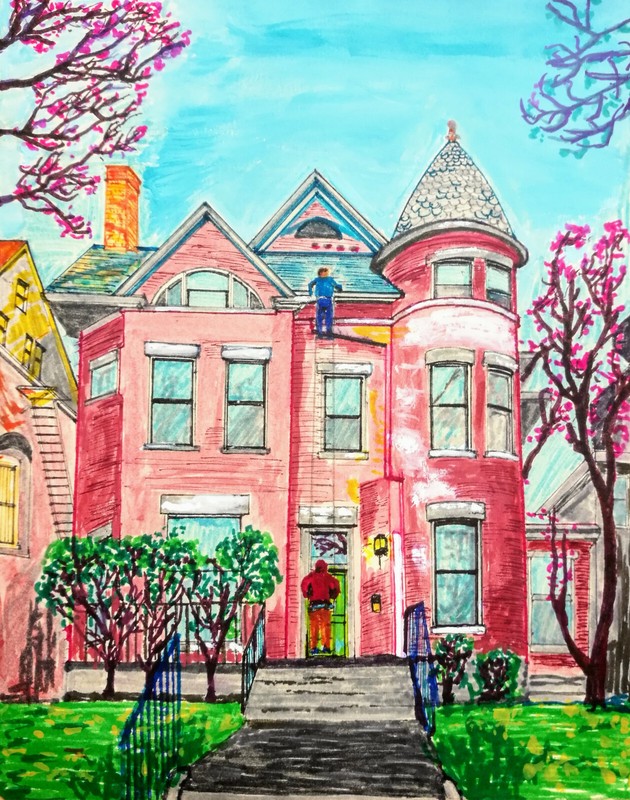 Original brush pen /acrylic painting drawing house – old louisville mansion