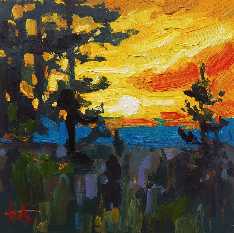 Original Oil Painting Landscape Sunset 5×5 inches Vibrant saturated painting