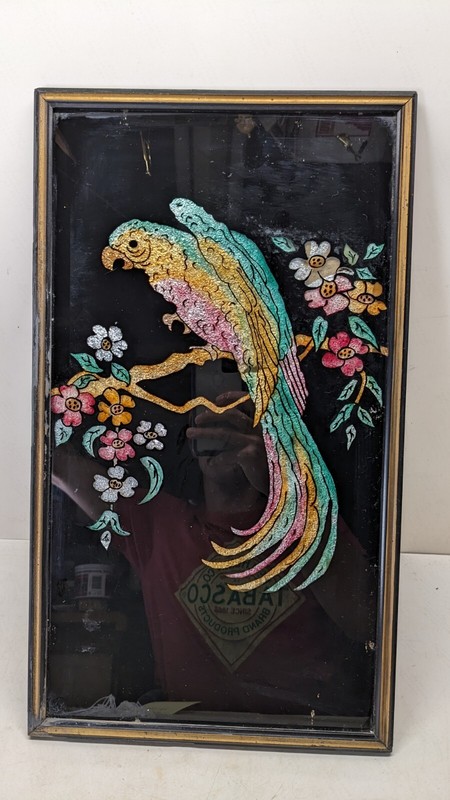 Antique Reverse painted Glass Tinsel foil Art Parrot wood frame 1920’s Deco Tiki