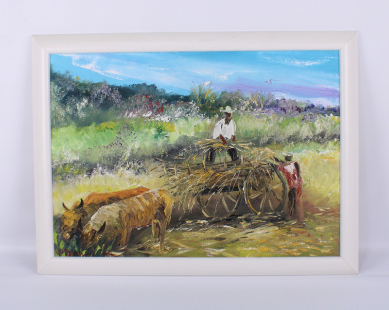 Fine Mid Century Folk Art Haitian Ox Oil Painting Signed Illegible