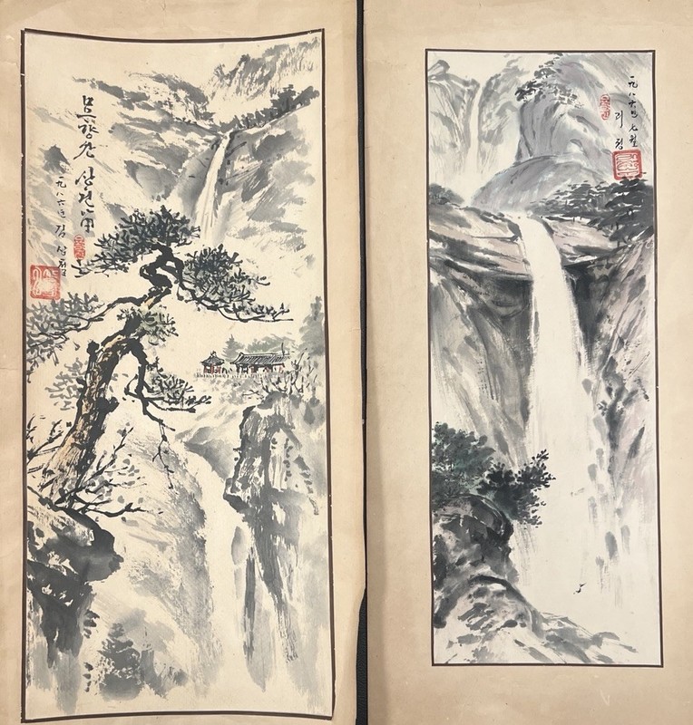 (2)VTG Asian Watercolor Landscape Paintings Signed Ink Wash Art Waterfall Trees