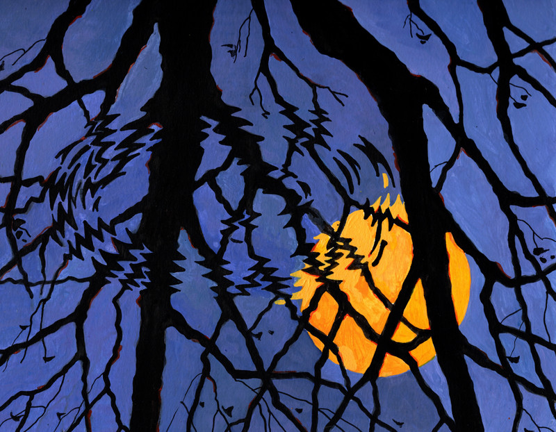 Original painting on paper, inspired by Escher, Reflection, 9×12, signed