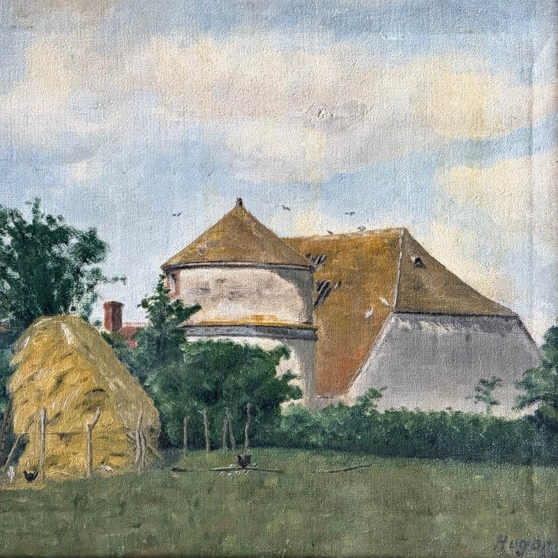 Antique French Oil Painting Landscape Farm Haystack Chicken Baby Chicken Signed gallery