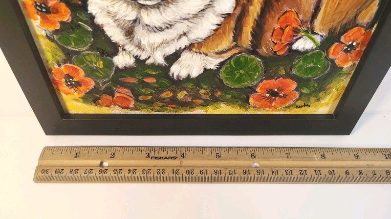 Original Painting of a Corgi Dog sitting among Orange Flowers 9" x 9" Framed gallery