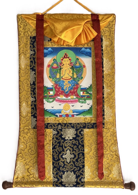 HAND-PAINTED MAITREYA FUTURE BUDDHA TIBETAN THANGKA ART WITH SILK BROCADE NEPAL