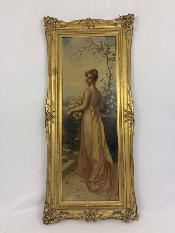 Antique Oil Painting “Springtime” Signed J.R. Goltey Woman Gilt Frame