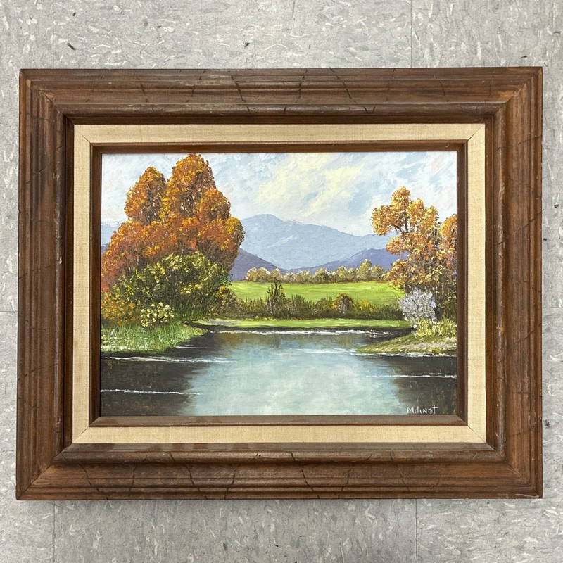 Vintage Oil Painting Autumn Landscape Signed M. Knott 1982 Framed 18×22 Rustic ￼