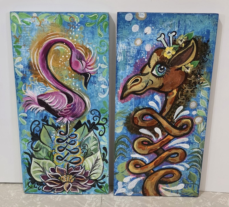 Whimsical Flamingo And Giraffe Paintings On Wood Pair Signed