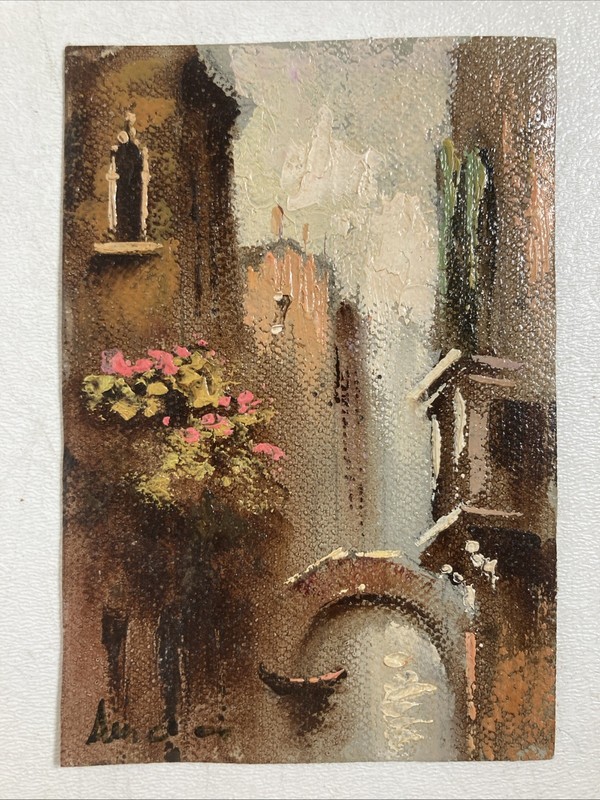Vintage Original Miniature Oil Painting Architectural Cityscape 2x Signed 1985 gallery
