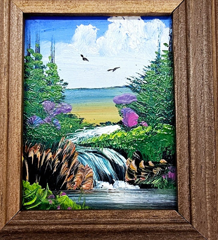 Waterfall, Flowers, Blue Sky, Birds Clouds Original Oil Small Painting Landscape gallery