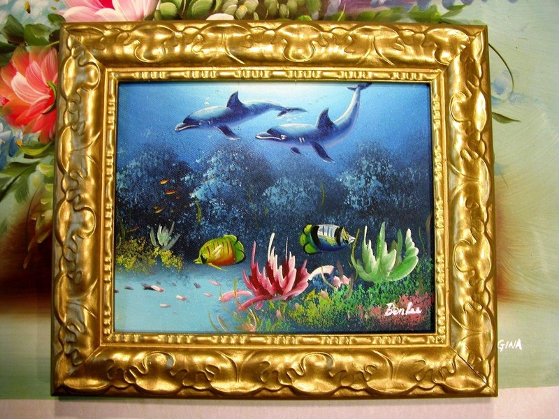 DOLPHIN FISH UNDERSEA CORAL REEF 10″ OIL PAINTING OFFICE HOME DECOR ART GIFT F07