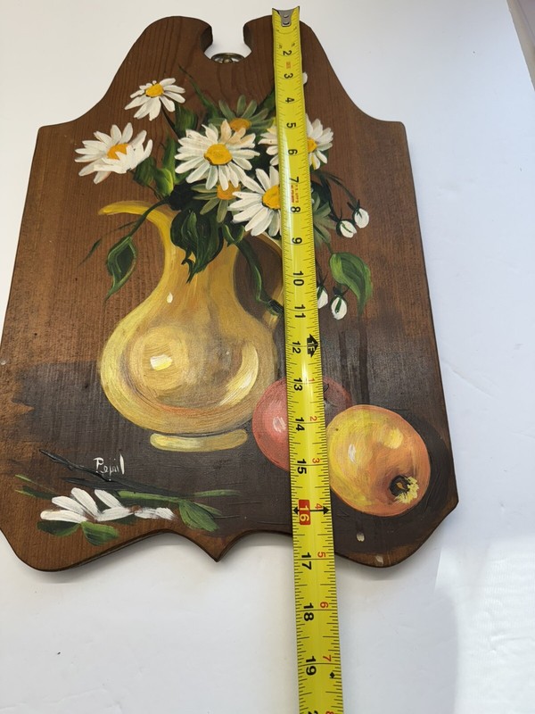VTG Wood Wall Hanging Art Hand Painted Signed 11x 17 Farmhouse CottageCore Solid gallery
