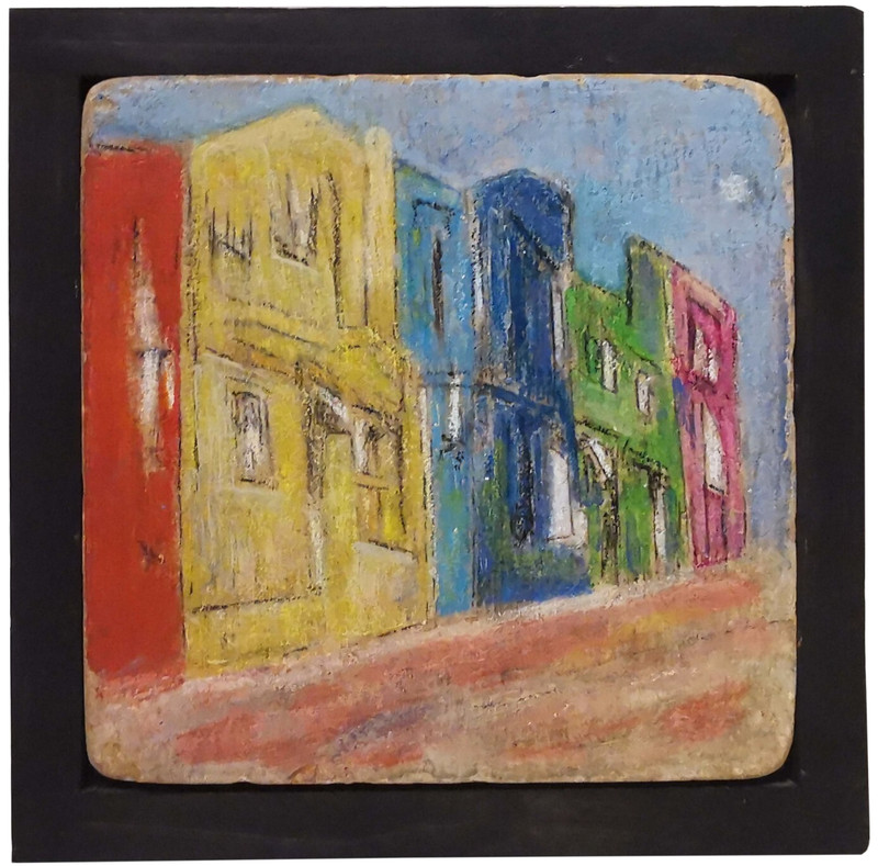 MID-20TH CENT c.1960’S VINT HAND PAINTED CEMENT STREETSCAPE TILE ART, WOOD FRAME