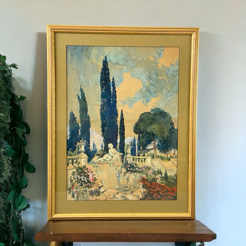 Herbert Ripley A Woman in the Garden Original Watercolor Painting 28″x22″