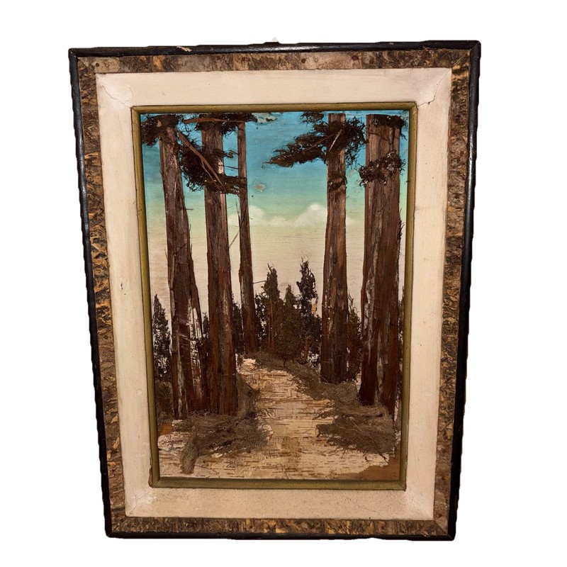 Framed Mixed Media Forest and Trees Landscape Painting, Bark Art, Bark and Moss