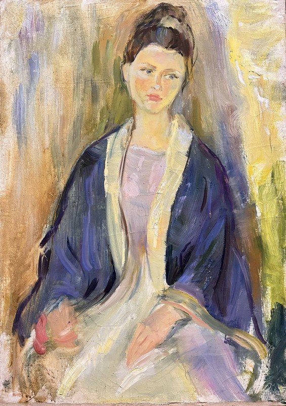 Beautiful Expressionist Oil Painting Portrait of Female In Blue Robe