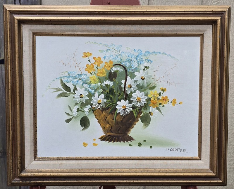 Vintage Original Oil Painting On Canvas Signed B. Cooper Flowers Floral Basket