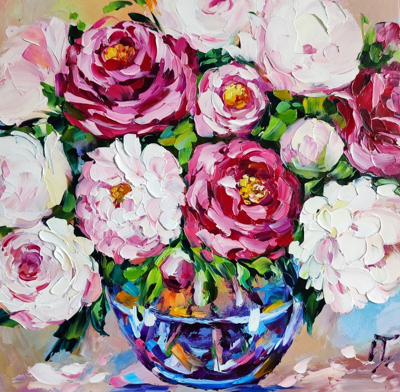 original oil painting Peony pink red flowers artwork floral wall art 12*12 inch