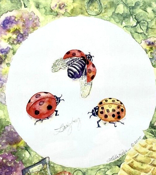Original Watercolor Ladybugs Flowers Garden Signed VTG Framed Art 10.5" x 10.5" gallery