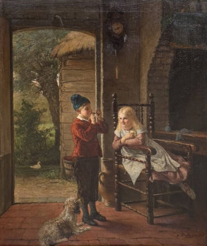 Antique 19th Century Oil Painting – Smoking in Secret in a Rustic Interior gallery