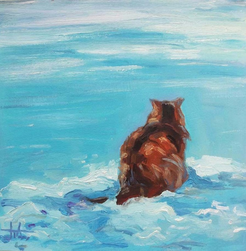 Original Oil Painting Ginger Cat in the Snow in Winter 8×8 inches