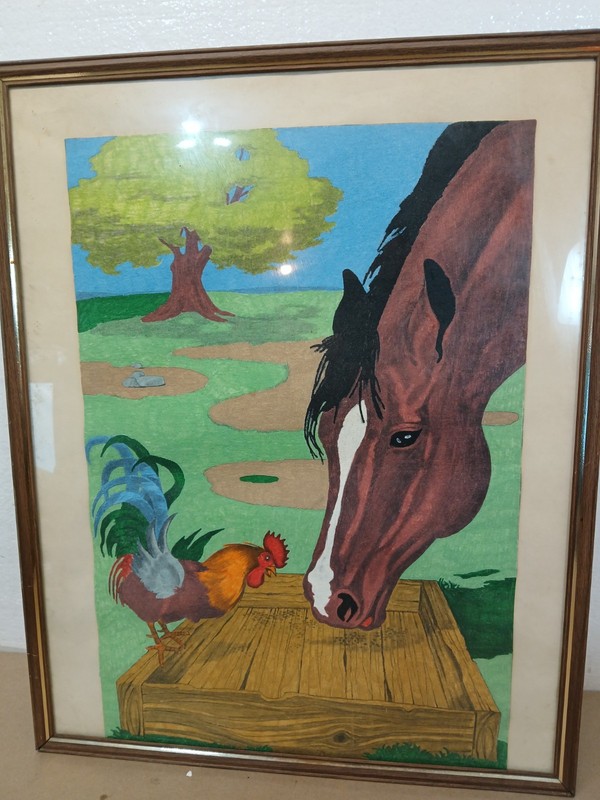 Vintage Paint by Number Horse Rooster Farm Scene Framed Folk Art 1970s 20×16