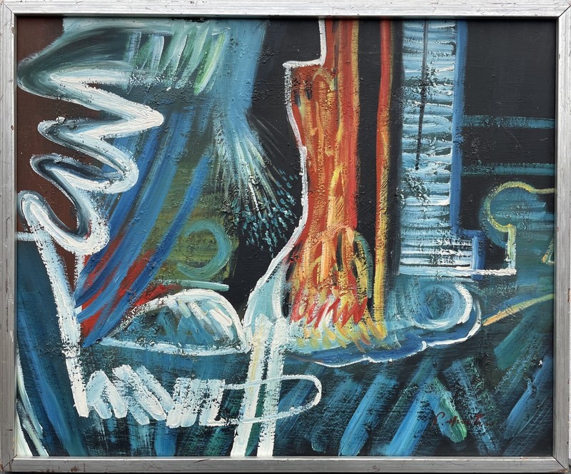 Oil Abstract Figurenkomposition Modern Art Danish Midcentury 25 3/8×21 1/8in