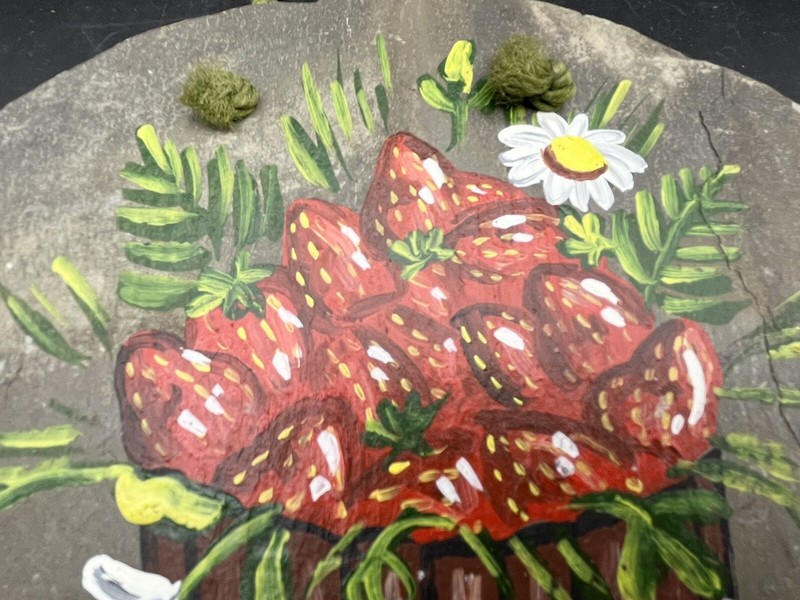 Artist Signed Hand Painting on Slate Strawberries in Bucket Daisies Summer Berry gallery