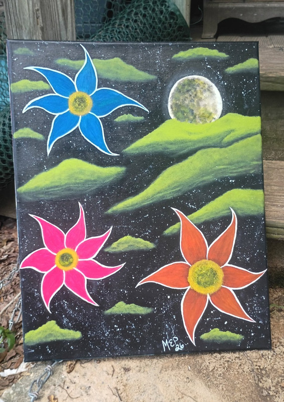 Mep Original Signed Floral Moon Night Sky Canvas Painting Unframed 2026