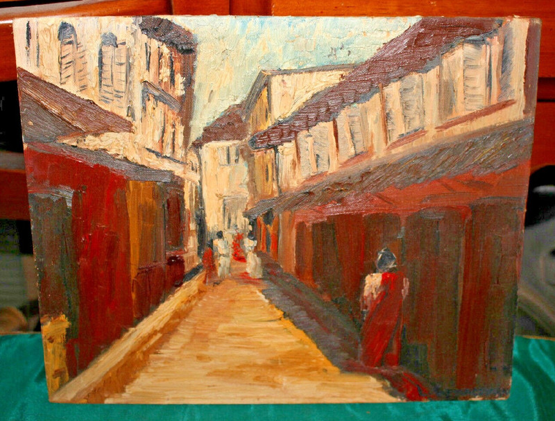 Original Vintage Oil Painting People Walking Narrow Street Buildings Gloomy Dark
