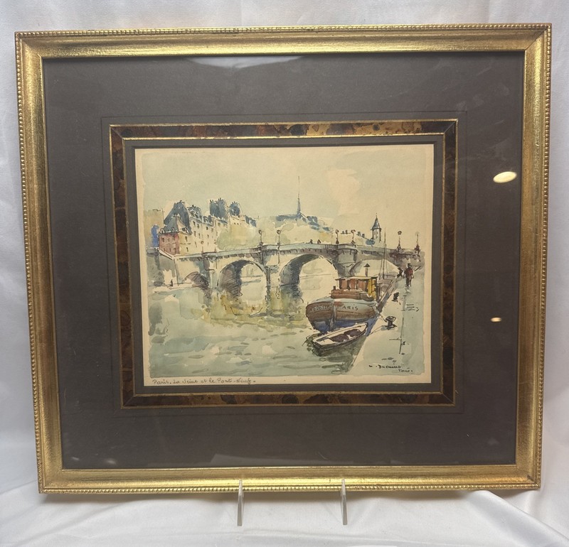 Parisian Riverside Scene Watercolor Lucien Ducuing Matted Framed 12”x 10”