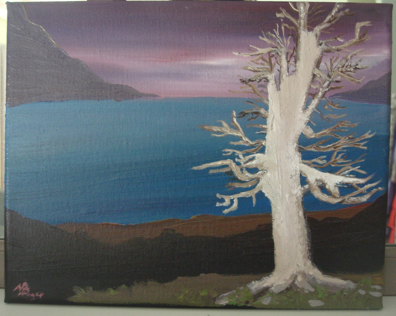 Original Artwork 10″ x 8″ «Dead River Dweller» Mountain Sunset River Trees