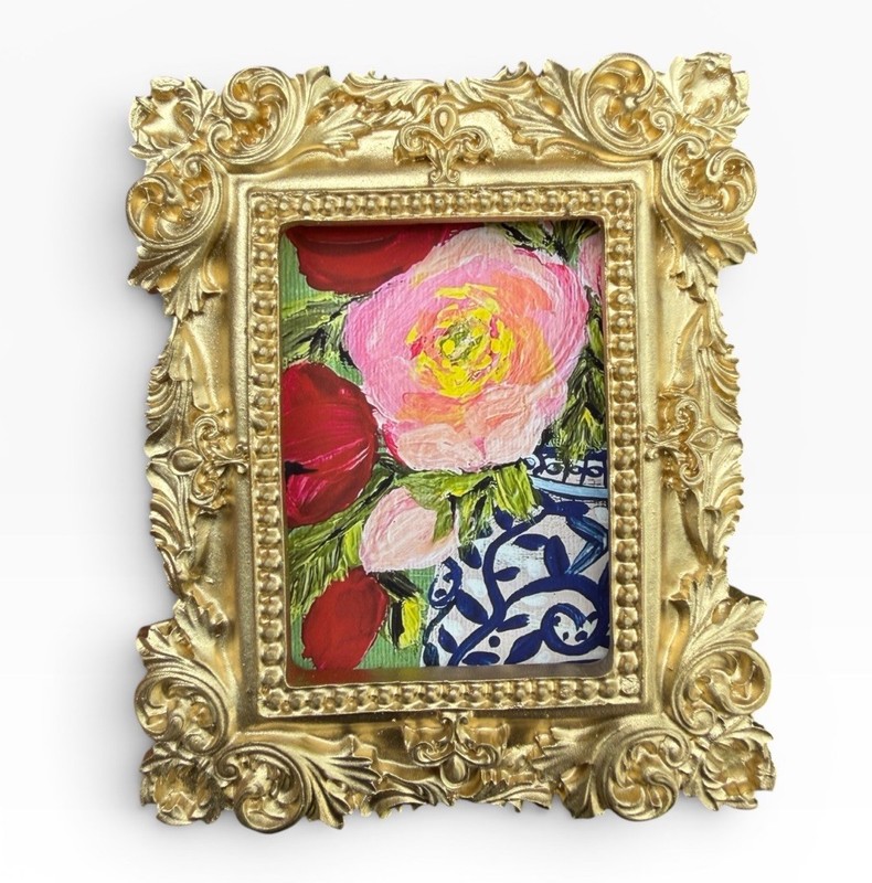 Flowers in a Vase mini art print of original painting • vintage ornate frame