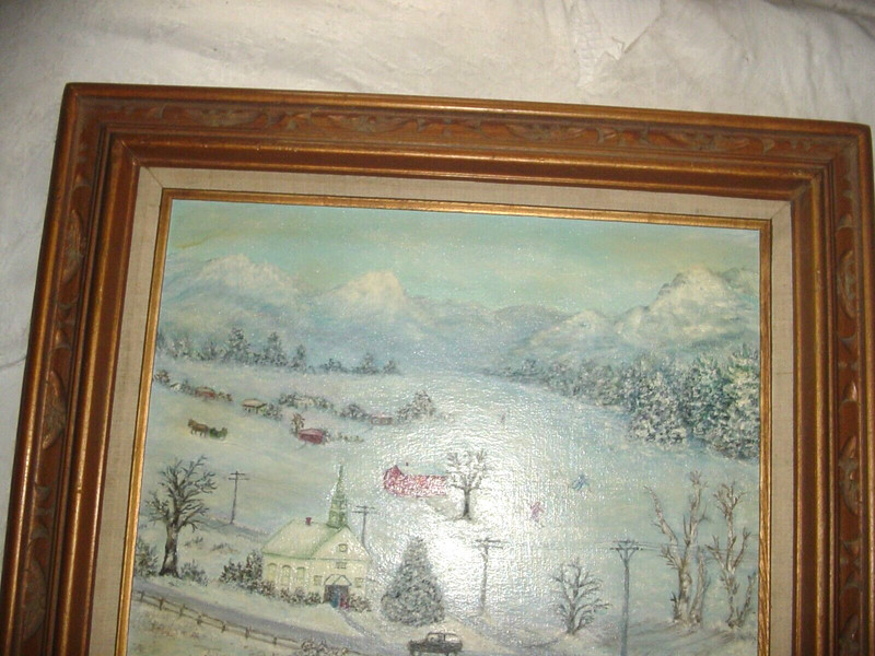 Vermont Winter 1973 Landscape Painting Skiers Church Mountains Leona Mary Dupont gallery