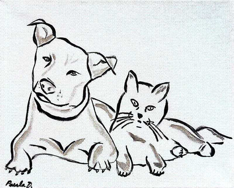 Original Modern Expressionist Dog And Cat Portrait 14x11 Canvas Signed gallery