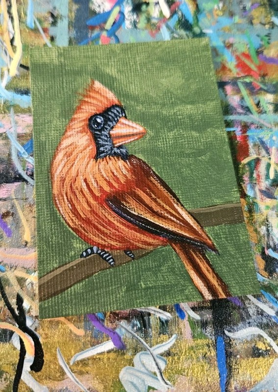 ACEO Red Cardinal Mini Painting Original Bird Artwork Acrylic Signed Art gallery
