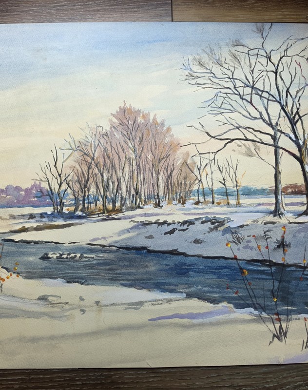 🔥LRG ORIGINAL WILLIAM REGINALD WATKINS WATERCOLOR LANDSCAPE PAINTING Snow Scene gallery