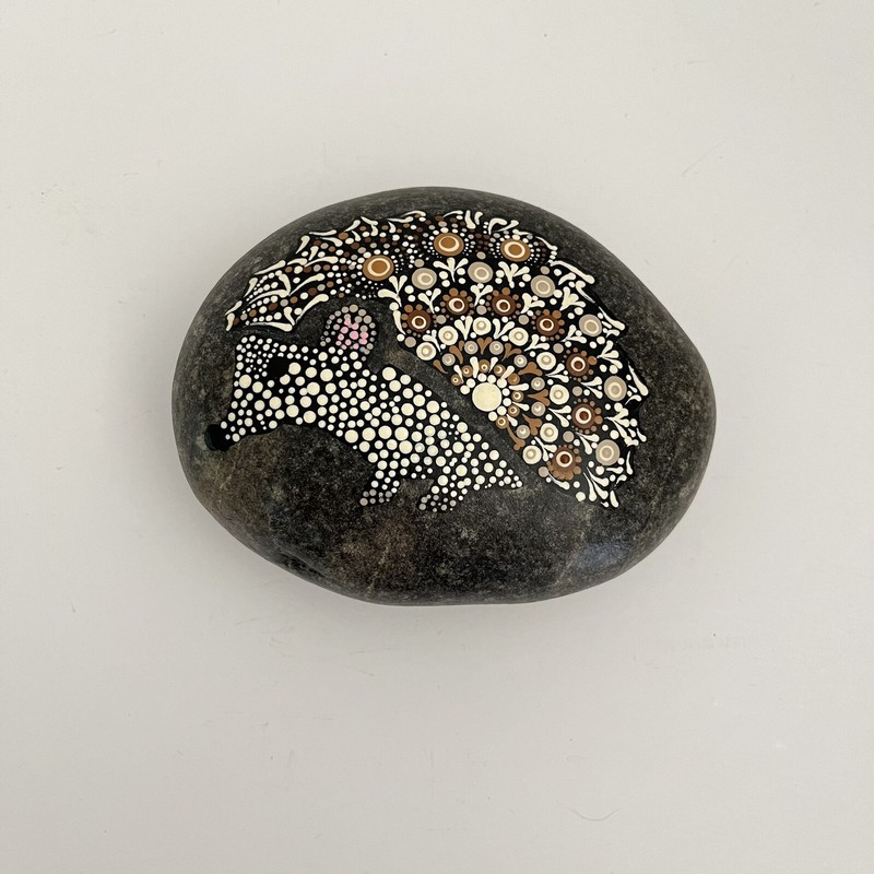 Dot Mandala Hedgehog Hand Painted Dark Gray Art Stone One Of A Kind 5 Inches