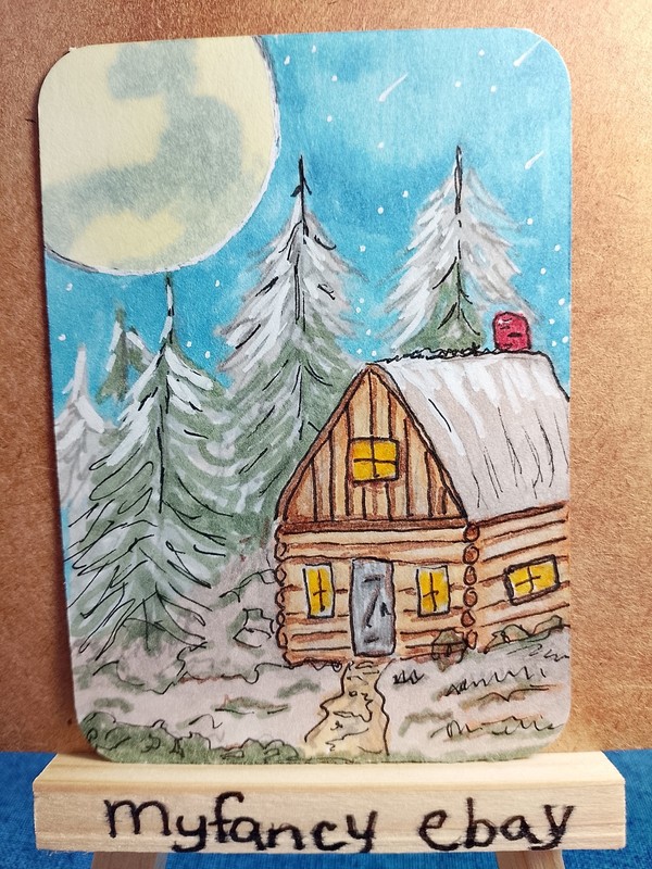 ACEO ATC Full Moon Cabin in the Forest painting new 3.5″ x 2.5″ myfancy