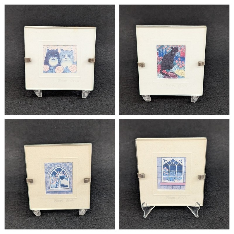 4 Vintage Miniature Sharon Jervis Watercolor Cat Prints w/ Stands Signed – 2.25”