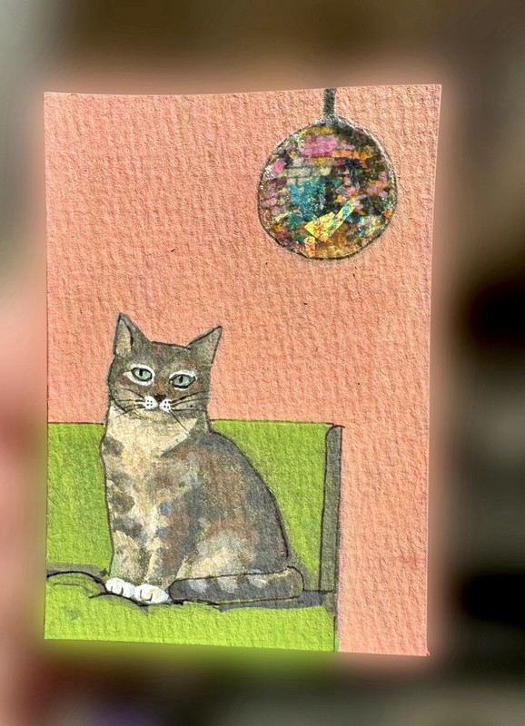 ACEO Original Painting – Disco For One – Mixed Media Painting, Cat Art