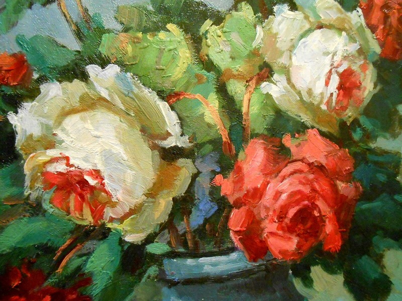 KINSETTS Fine Art Original Painting ROSES Canvas Mid Century 32 x 27 gallery