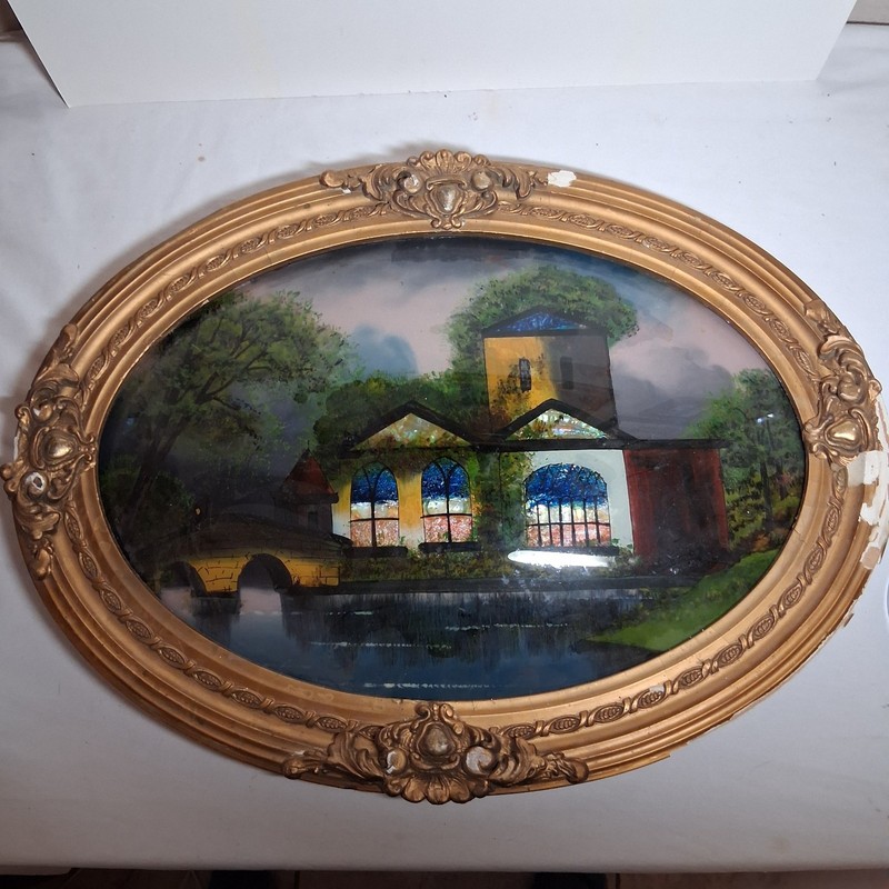 Antique Japanese Reverse Bubble Glass Painting In Original Frame 23″ × 16″