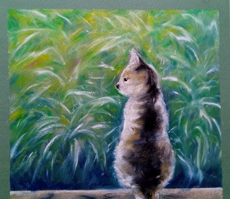 Cat Painting Farm scene ORIGINAL Art Oil Pastel 11,5x 8.5in gallery